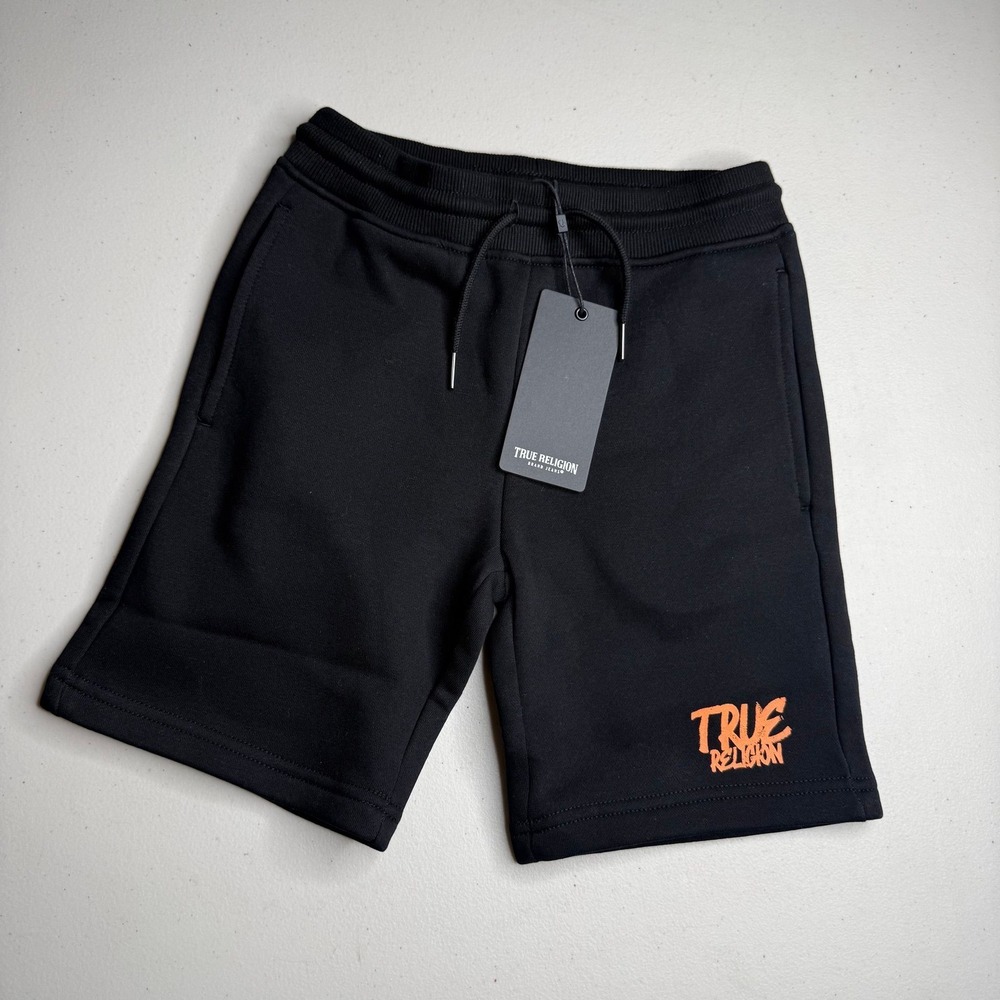 NWT True Religion Boys Sketchbook Sweat Shorts Size Small Black Orange Logo